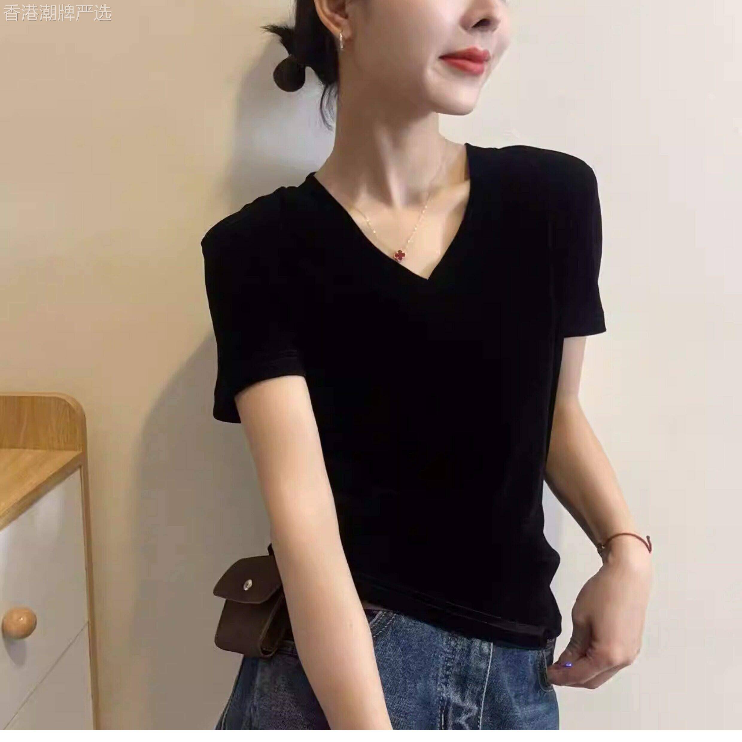 短袖T恤女新款夏季薄黑色显瘦百搭修身小个子洋派韩版V领打底上衣