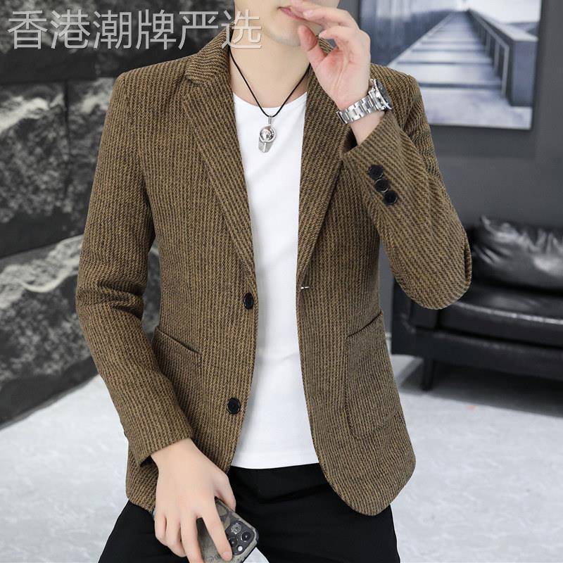 高级感条纹西装外套男春秋新款潮流帅气商务休闲男士小西服修身