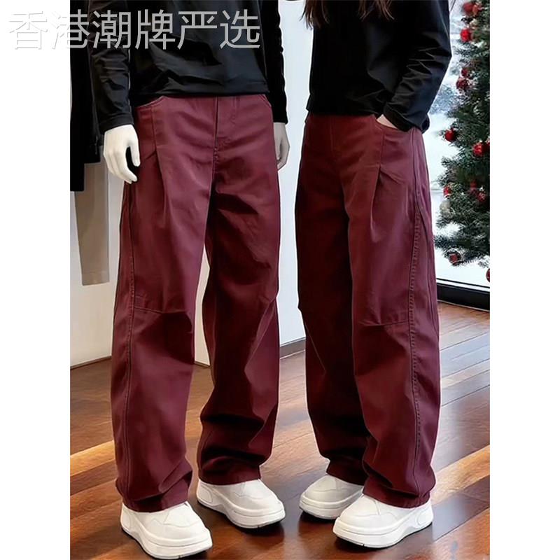 轻奢2026美式潮流酒红色痞帅休闲工作服裤男款宽松百搭弯刀裤直筒
