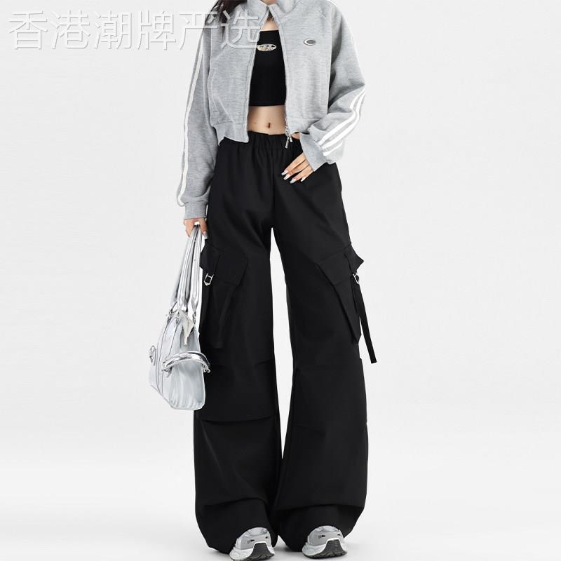 黑色阔腿工装裤女新款高个子加长春秋酷飒风休闲直筒运动伞兵裤子图片