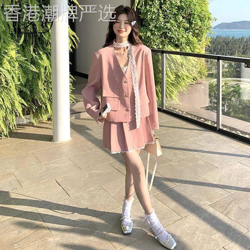 超好看粉色名媛小香风套装裙女2026春季蕾丝花边西服百褶裙两件套