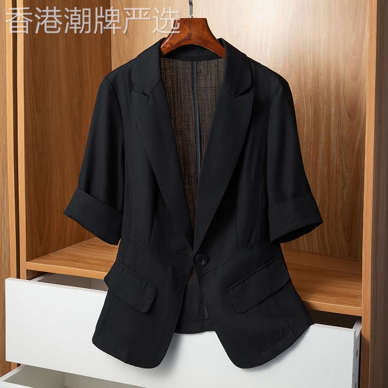 潮牌夏季薄款棉麻小西装外套女小个子休闲修身短袖亚麻西服女上衣