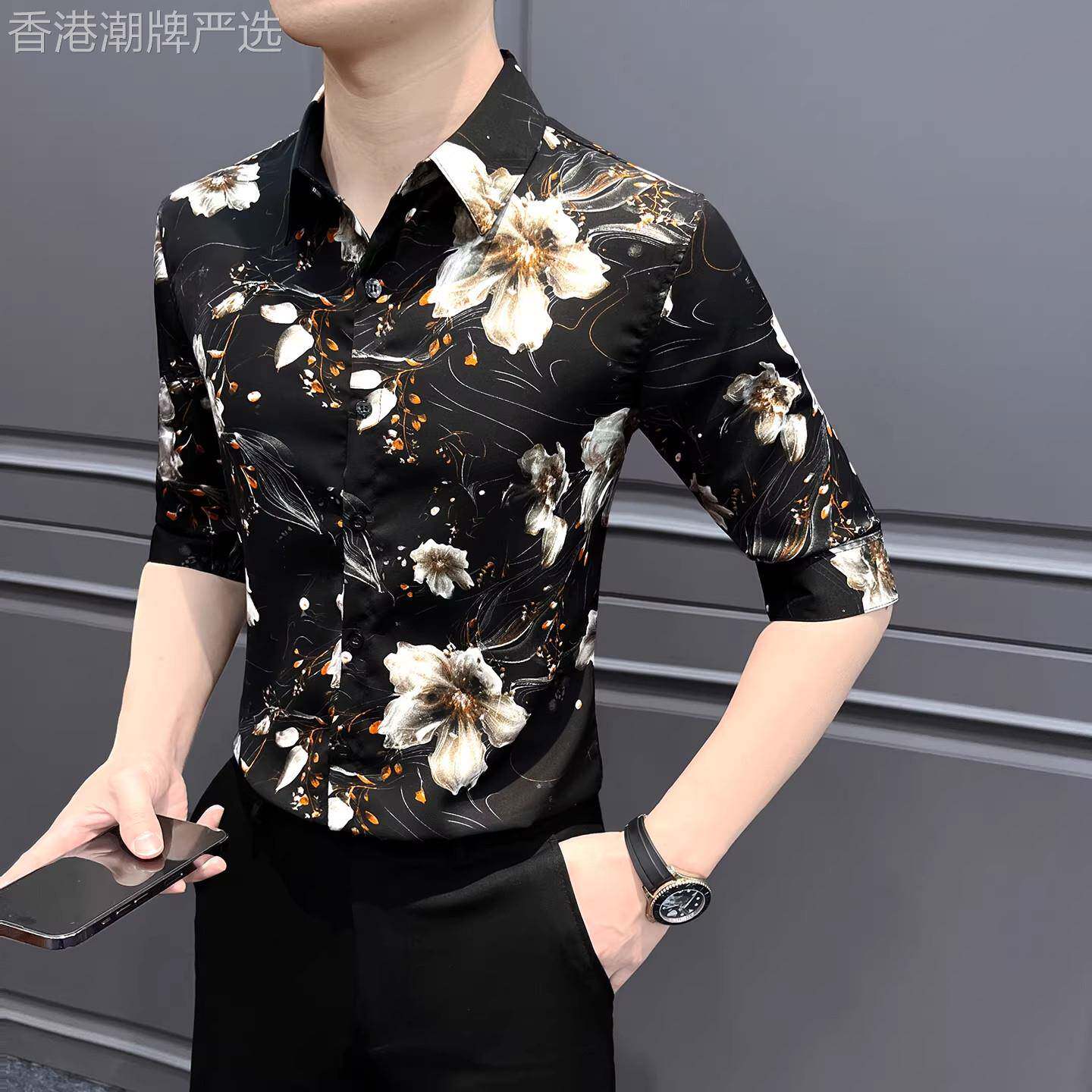 七分袖花衬衫男款痞帅高级感2026新款发型师穿搭夏季印花短袖衬衣