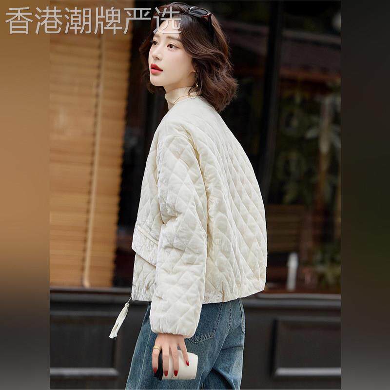 潮牌米白色金丝绒夹棉短外套女2026冬季新款轻薄香风菱格棉服棉袄
