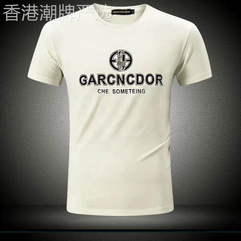 香港潮牌夏季丝光棉修身字母印花男士短袖圆领百搭T恤痞弹力上衣