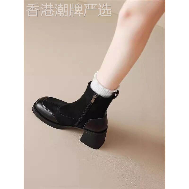 香港真皮不累脚黑色粗跟短靴新款秋冬季厚底增高防滑英伦风马丁靴