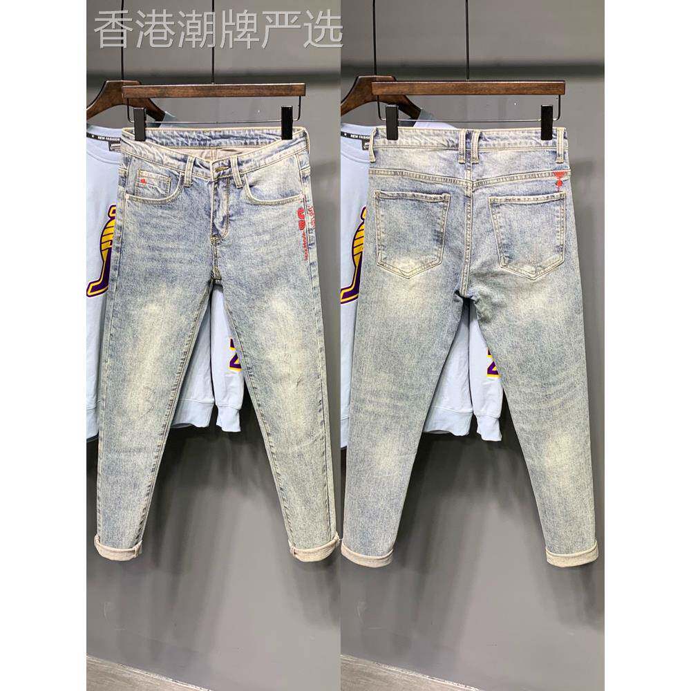 浅蓝色九分牛仔裤男美式潮牌刺绣修身小脚裤秋季新款休闲覆古长裤