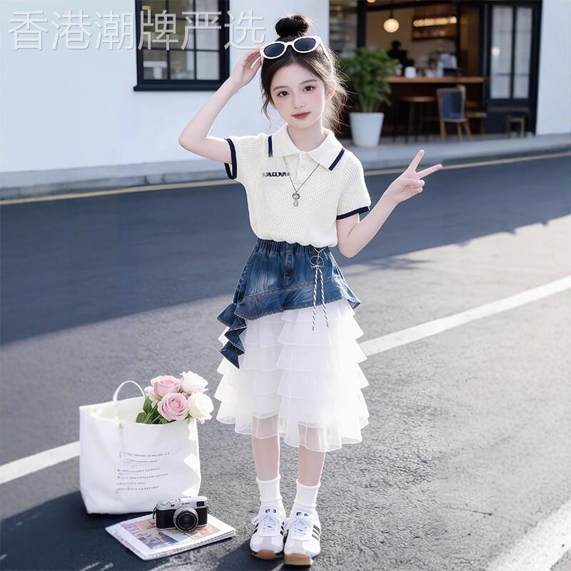 法国BADNUT女童洋装套装夏季2026新款儿童牛仔拼接中大童网纱裙