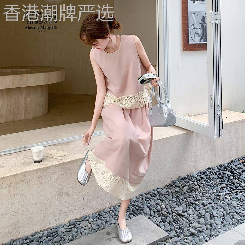 韩系蕾丝拼接无袖背心套装女2025年夏季ootd穿搭半身裙气质两件套