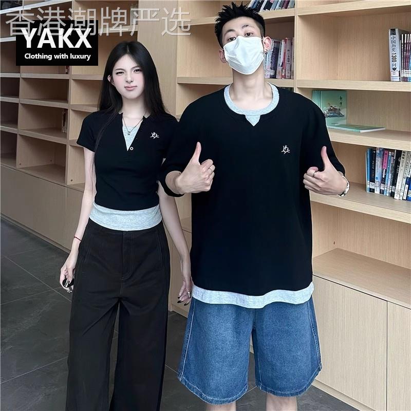 高级感超火情侣装夏季短袖T恤男女士2026新款小众设计感一大一小