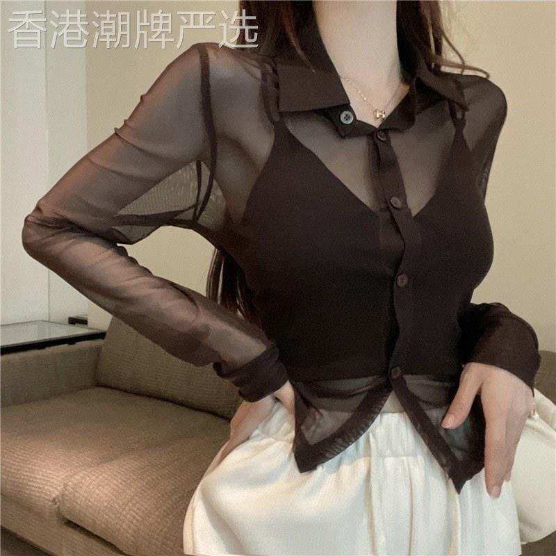 冰丝防晒衬衫女夏欧货polo领小衫辣妹性感纯色微透视网纱短款上衣