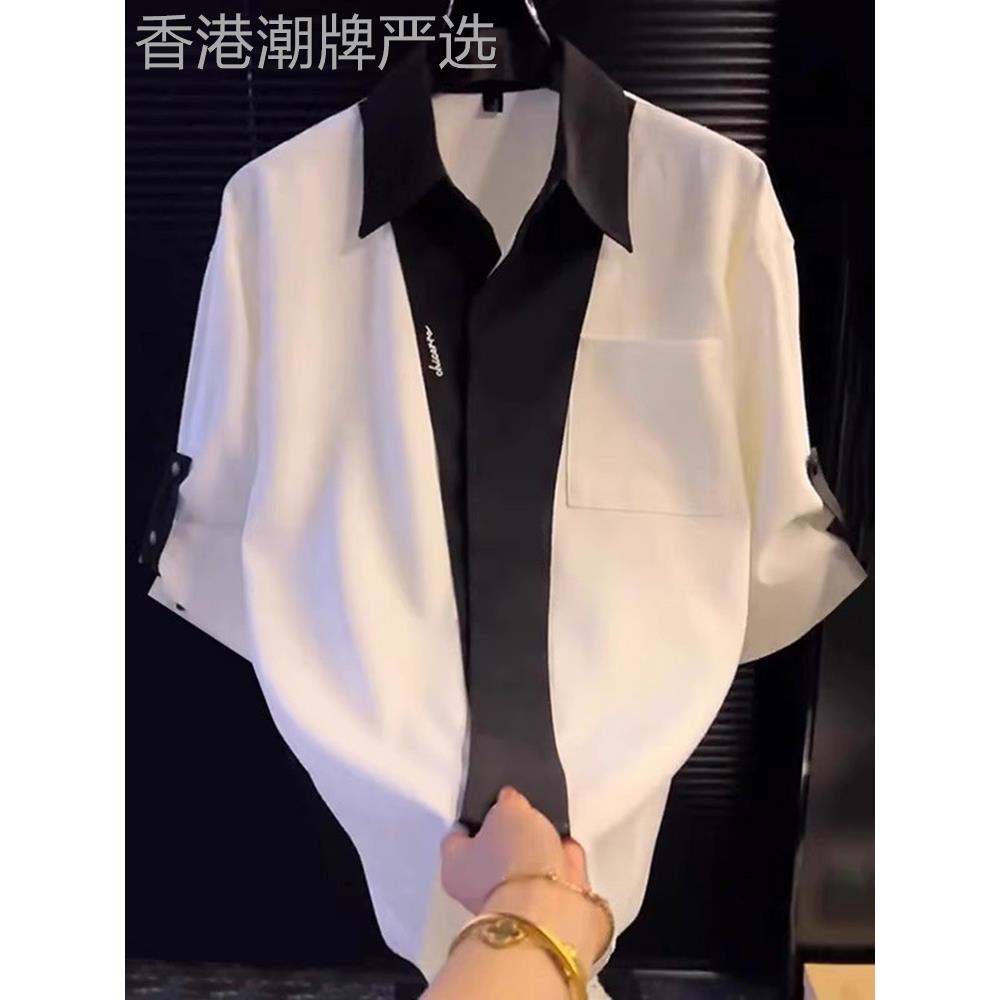 高端黑白撞色五分袖衬衫男士2025年新款夏季宽松休闲短袖衬衣男款