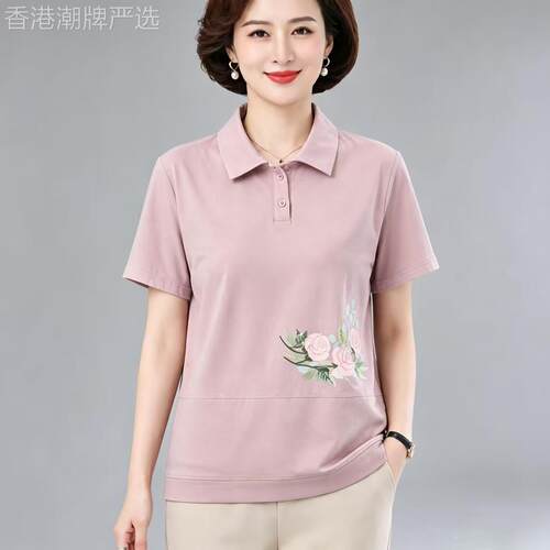 短袖t恤女2026夏季新款中年妈妈宽松大尺码显瘦洋派polo上衣女