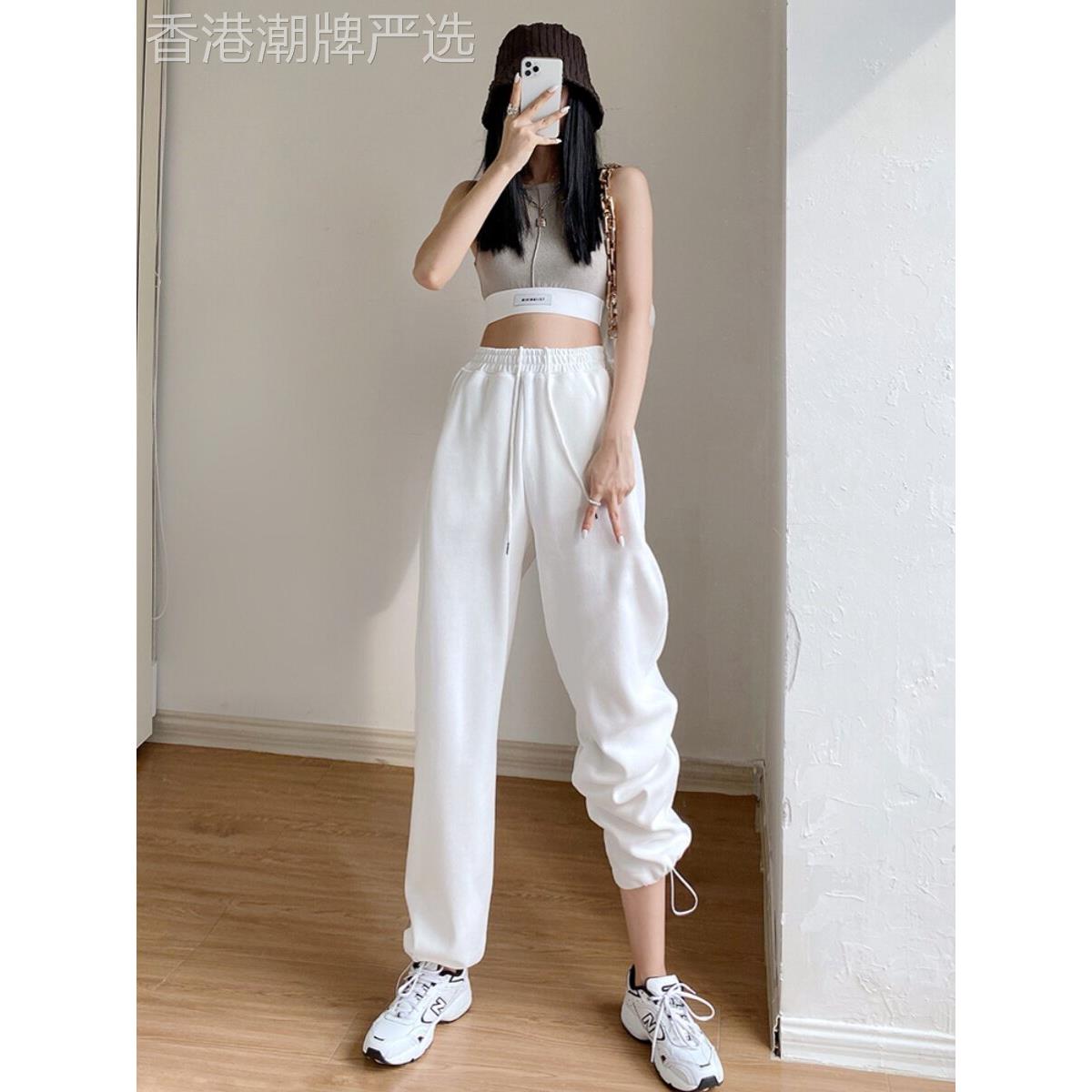 白色女士运动裤2025早秋新款高腰宽松休闲百搭拉绳阔腿后宫紧身运