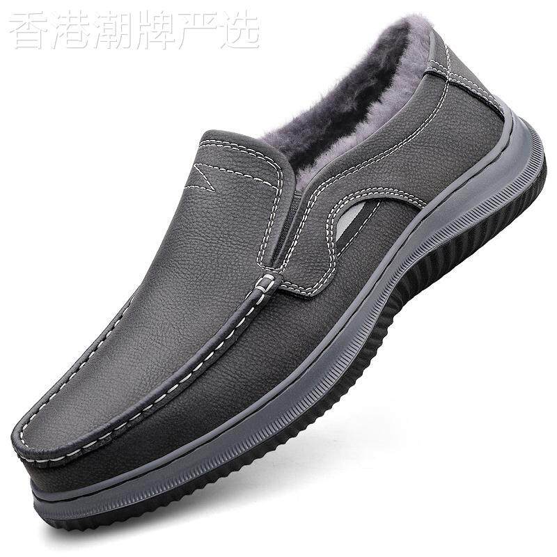 高端手工缝钱商务休闲套脚皮鞋男真皮懒人一脚蹬冬季保暖加绒棉鞋