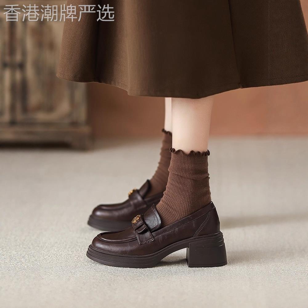 香港真皮厚底高跟JK乐福鞋秋季新款一脚蹬粗跟单鞋英伦风小皮鞋潮