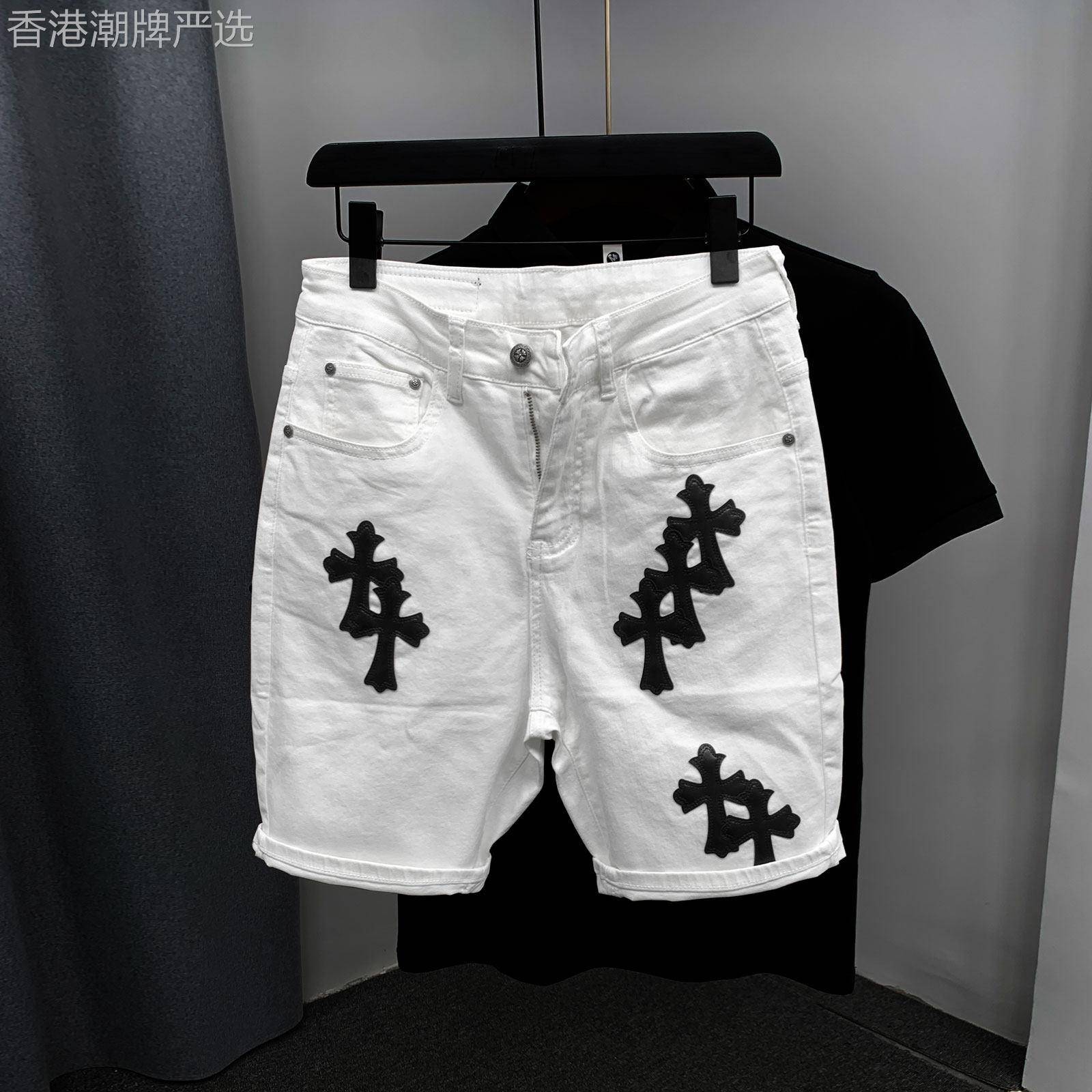 轻奢欧品!夏季个性潮牌十字架拼皮拼接牛仔短裤男青年小直筒弹力