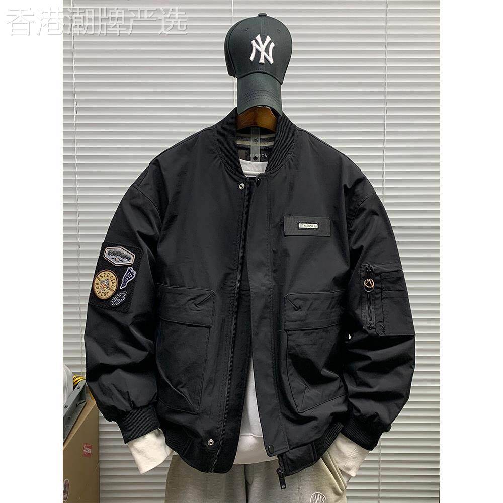 棒球服外套男士春秋季潮牌宽松拼接布贴休闲上衣百搭短款工装夹克