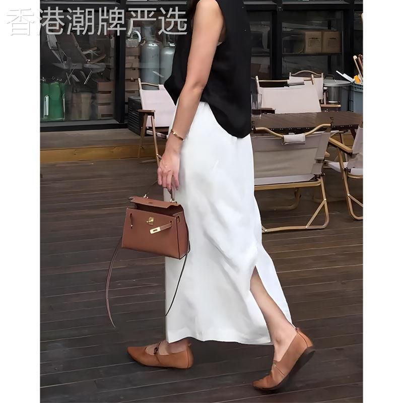 白色半身裙女2025早秋新款高腰显瘦时尚简约通勤百搭后开叉直筒裙