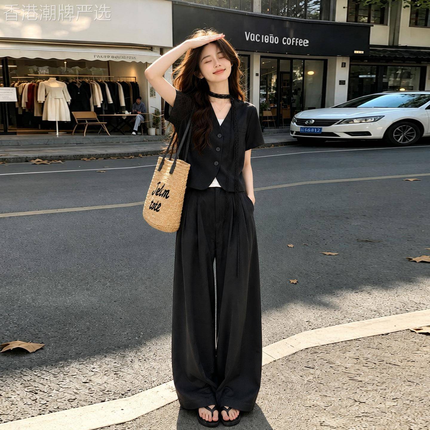 西装套装夏女2026新款黑色高级感短袖西服长裤薄老钱风通勤两件套