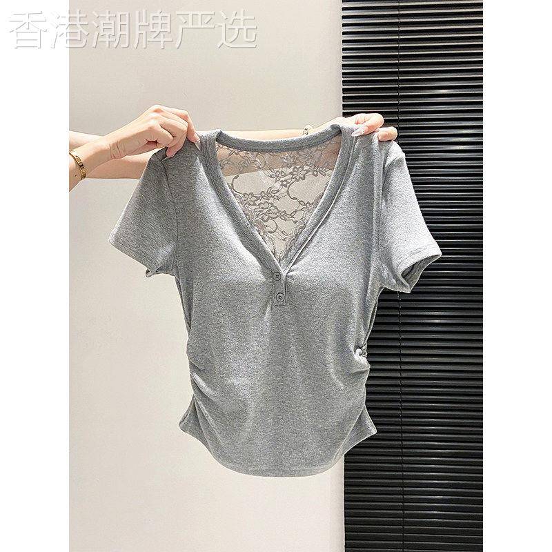 灰色短袖T恤女2026夏季新款设计感蕾丝拼接休闲V领修身套头上衣