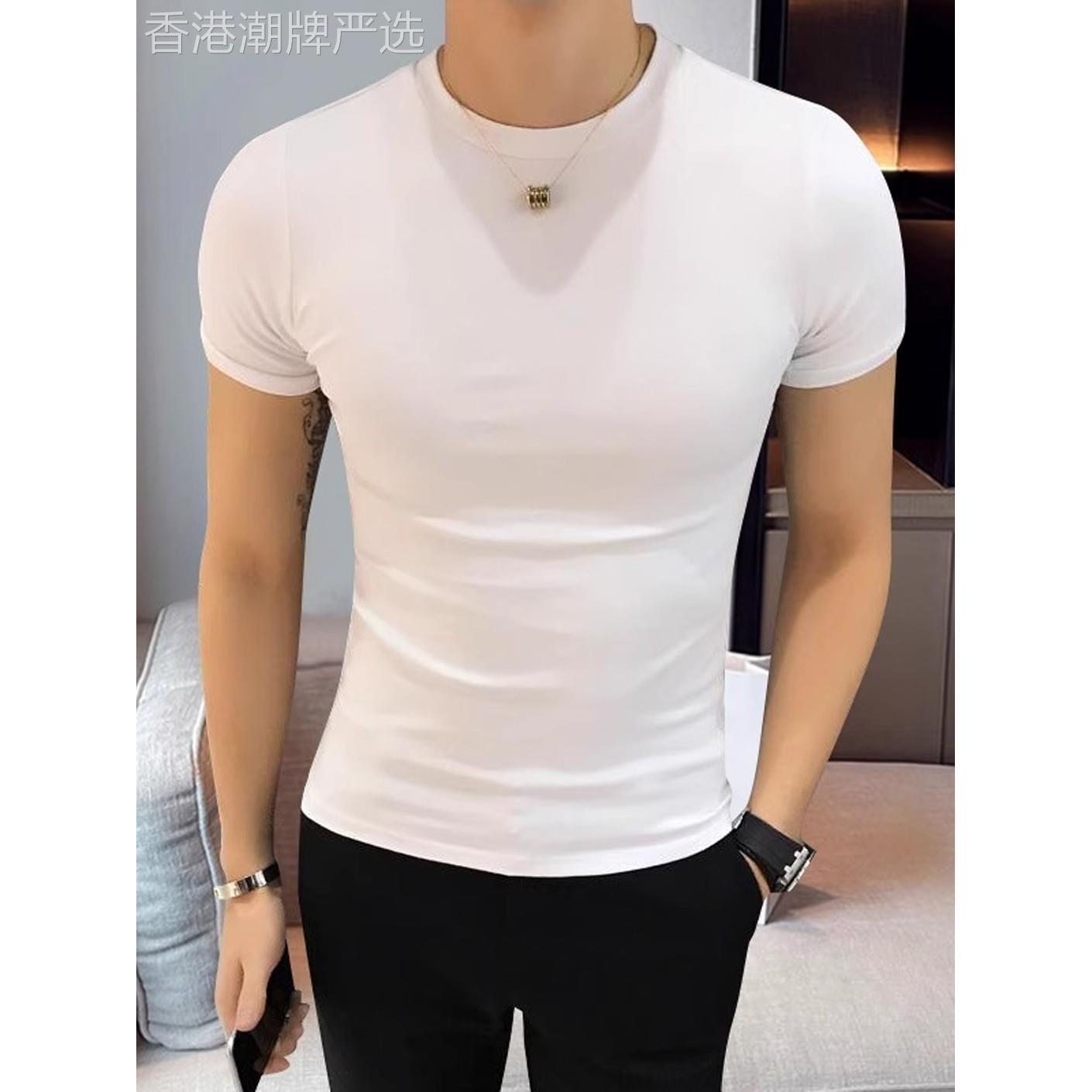 高端男士短袖t恤韩版修身纯棉圆领健身紧身弹力黑白色打底衫半袖