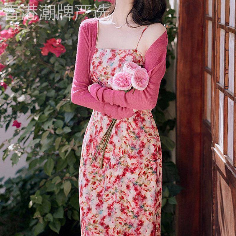 复古碎花吊带连衣裙开衫两件套女2026夏季新款修身显瘦气质长裙子
