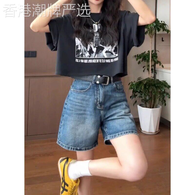 蓝色复古牛仔短裤女夏季薄款胖mm阔腿a字热裤2026超火巨好看裤子