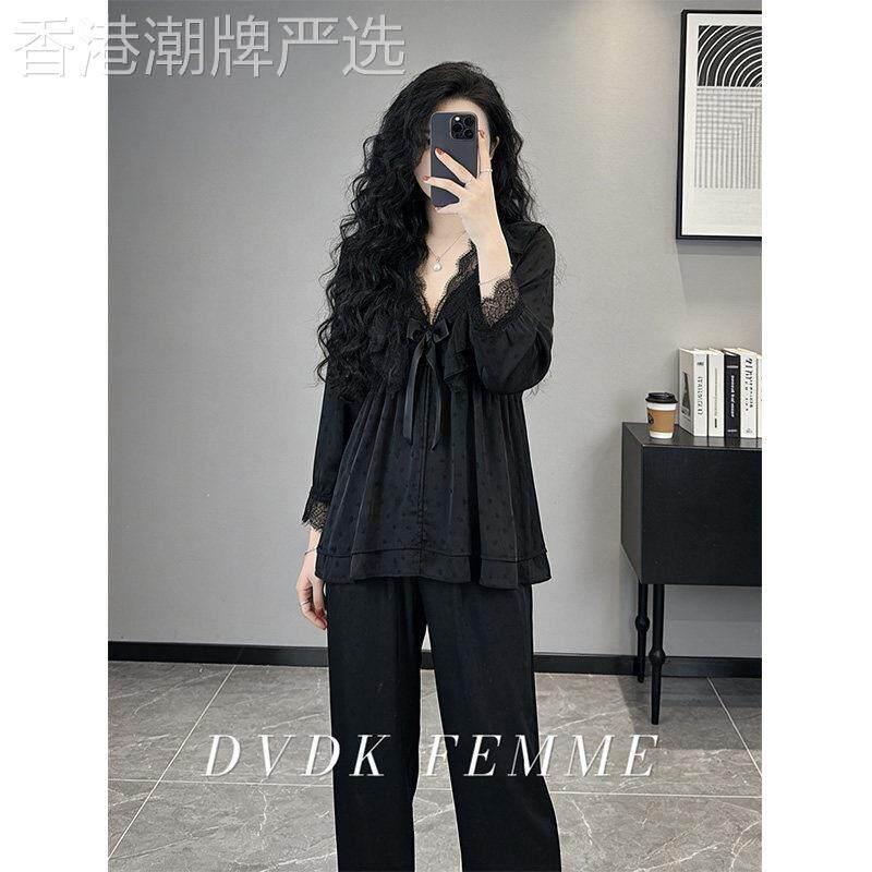 法式宫廷风带胸垫睡衣女春秋新款黑色拼接蕾丝性感家居服长袖套装