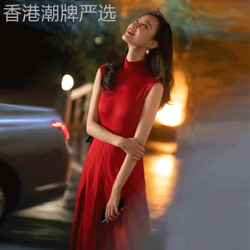 明星倪妮同款红色晚礼服 修身显瘦百褶复古风宴会长裙