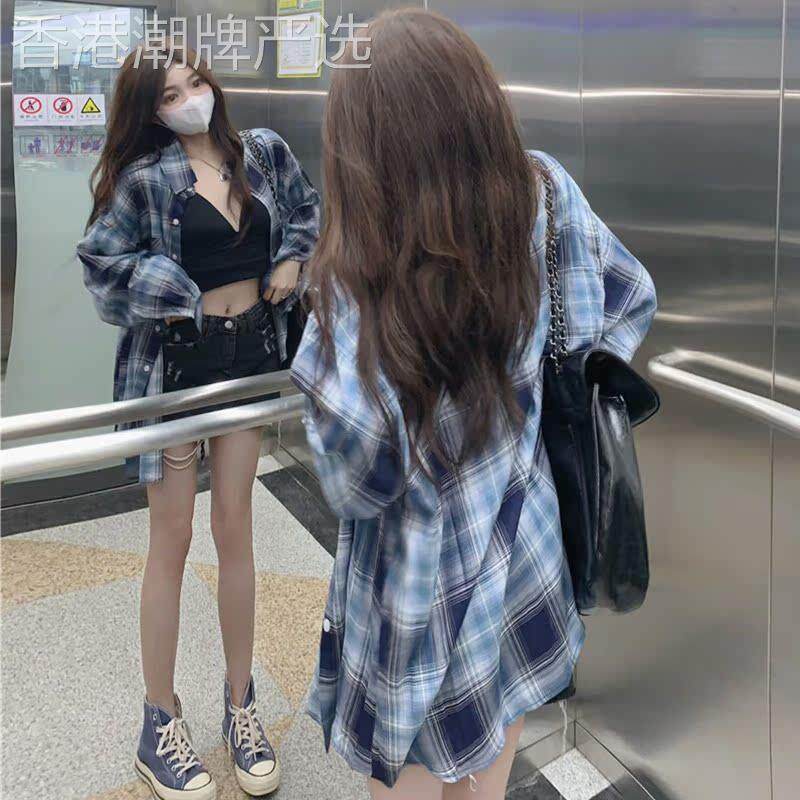 美式复古蓝色格子衬衫女早春宽松设计感小个子长袖防晒薄上衣港味