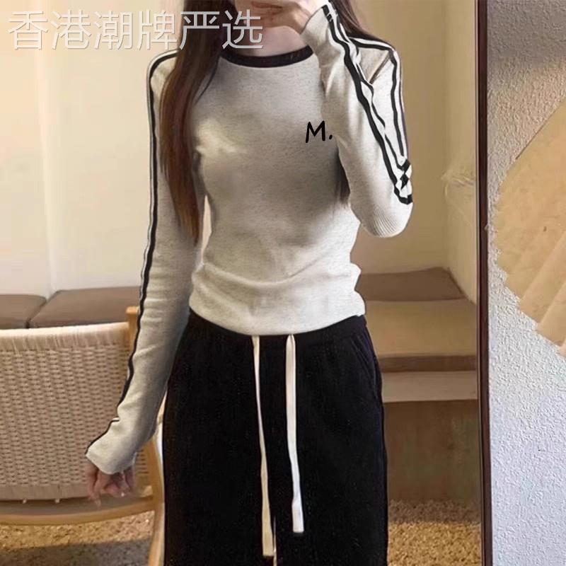 早秋季新款长袖T恤女撞色拼接圆领纯棉时尚百搭显瘦修身上衣ins潮