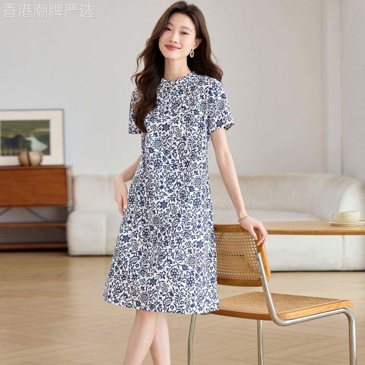 休闲短袖连衣裙女夏新款复古国风青花瓷印花中长款A字改良旗袍裙