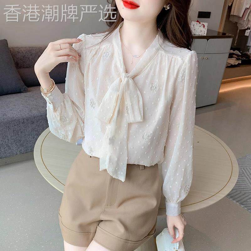 雪纺衫女春秋薄款2025新款刺绣设计感蝴蝶结衬衣气质v领系带上衣