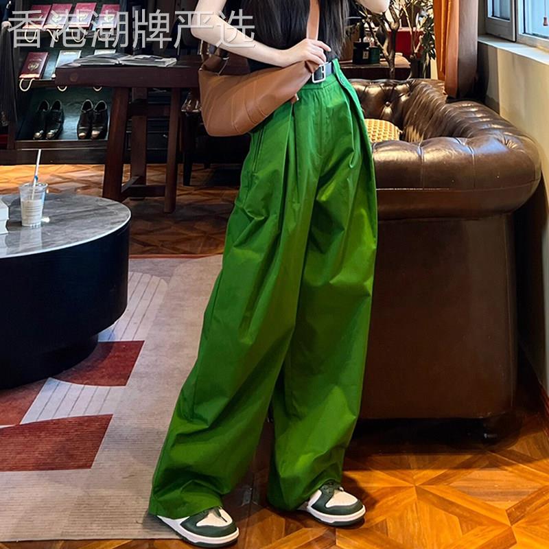 绿色休闲裤女2025夏季新款高腰显瘦宽松阔腿气质时尚通勤百搭长裤