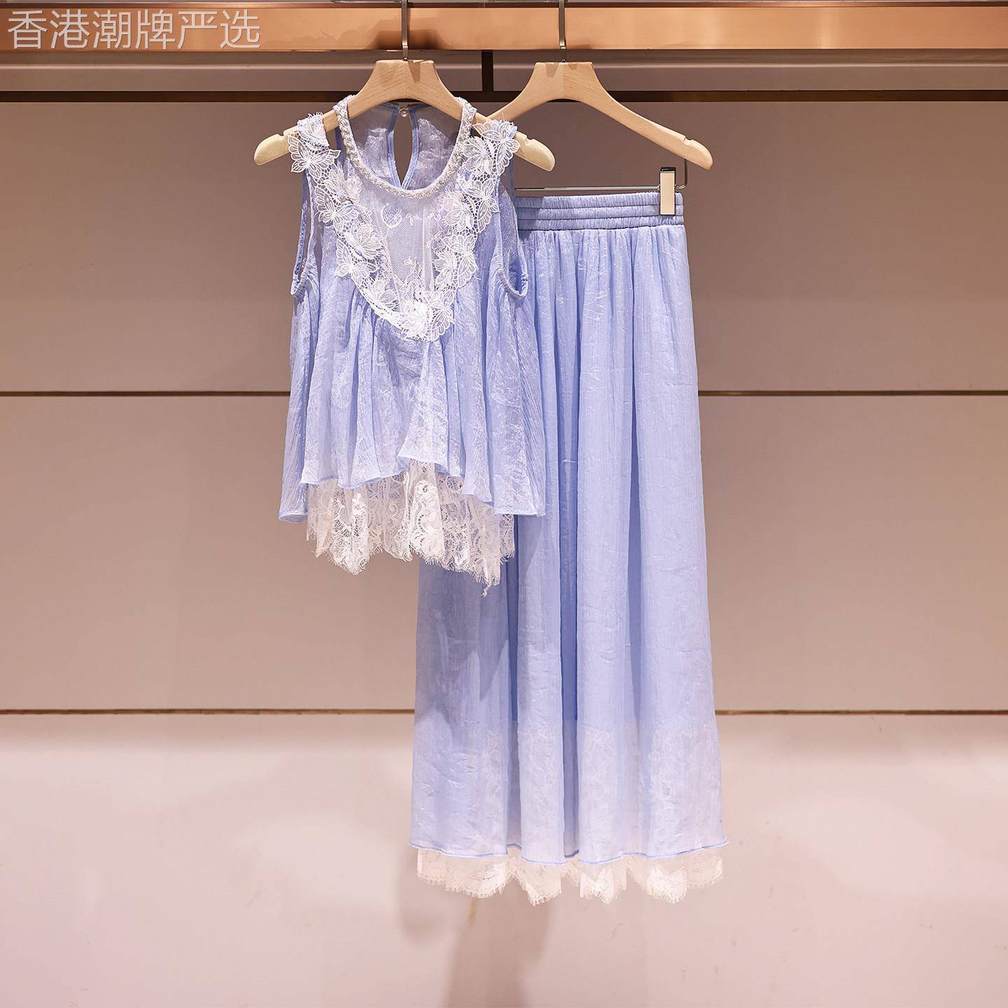 女神范度假风套装女2026夏季新款蕾丝拼接衬衫中长版半身裙两件套