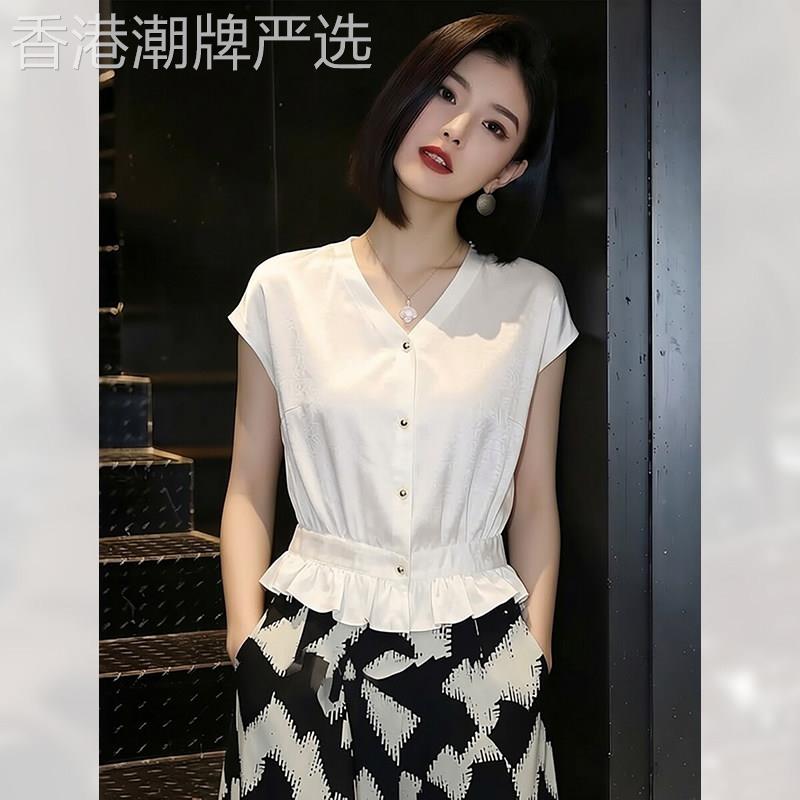荷叶边收腰短袖衬衣女装夏季2026年新款V领衬衫上衣缎面减龄小衫