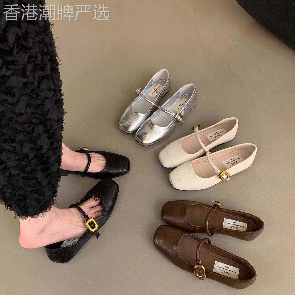 韩版百搭一字带单鞋银色女鞋子秋季法式复古玛丽珍鞋平底鞋小皮鞋