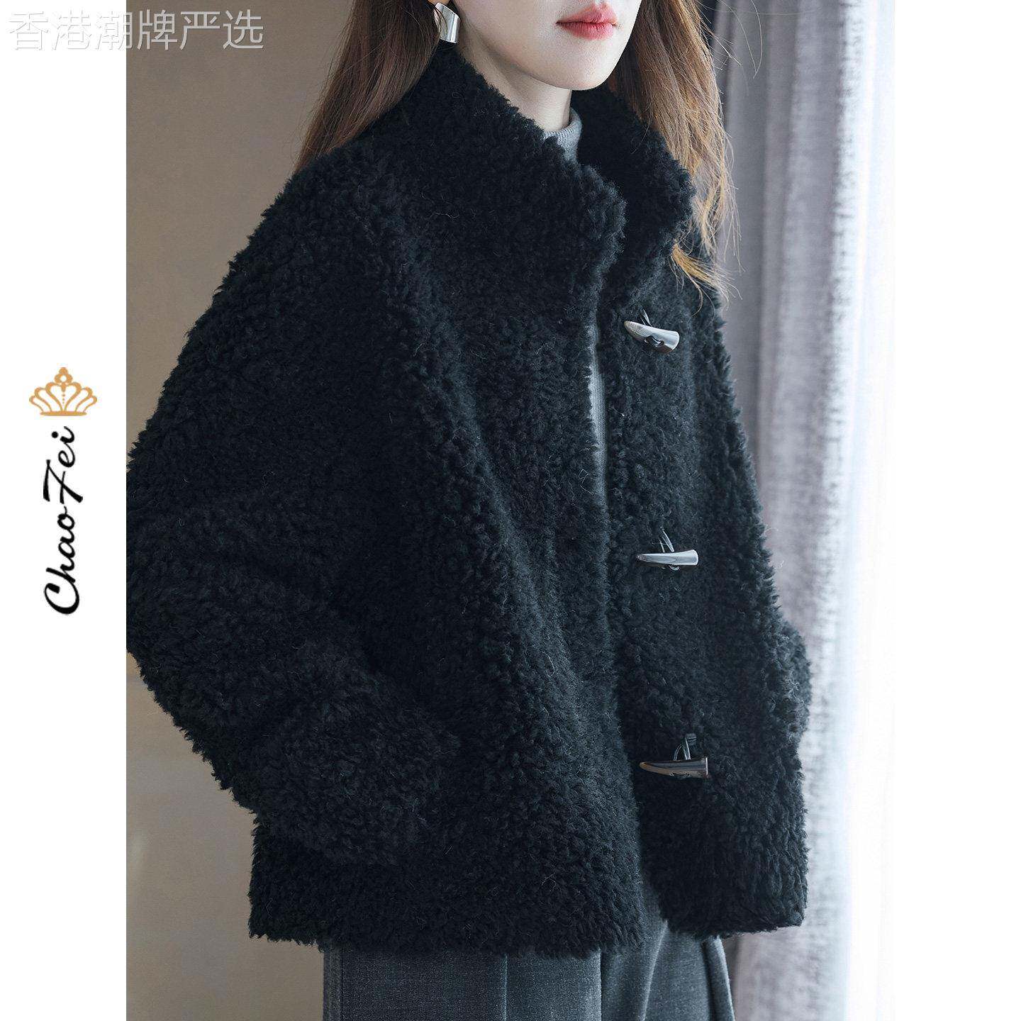 黑色立领牛角扣羊剪绒大衣休闲简约韩版2025冬季新款羊毛羔外套女
