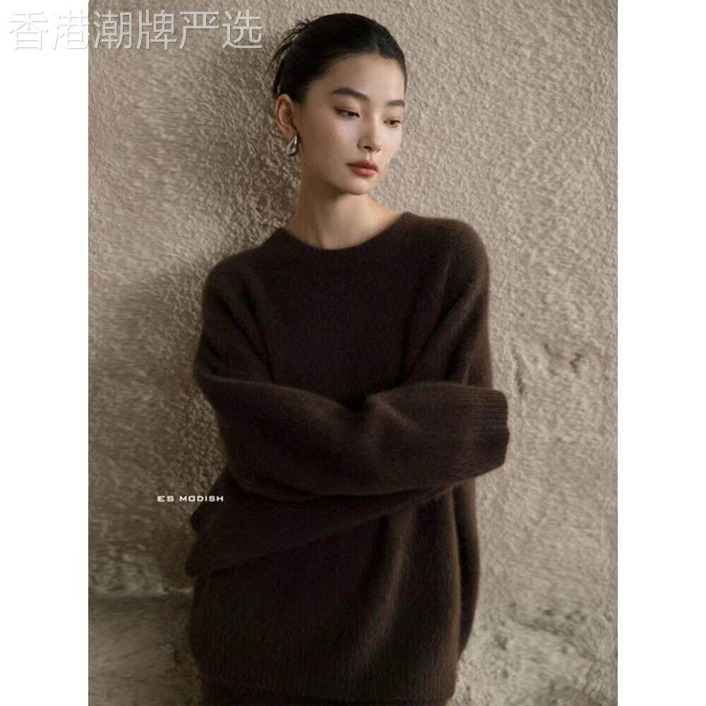 日系美拉德仿浣熊绒咖色圆领毛衣女秋冬加厚高级感慵懒软糯针织衫
