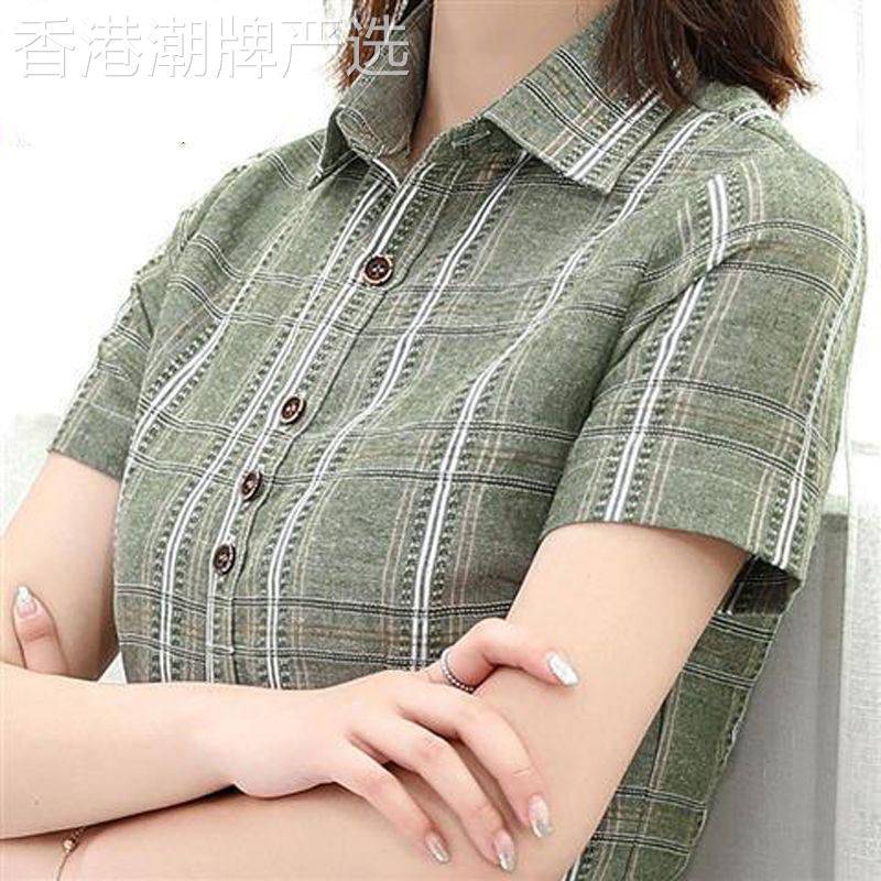 中年妈妈棉麻格子短袖衬衫女士夏季薄款2026新款宽松大尺码复古衬