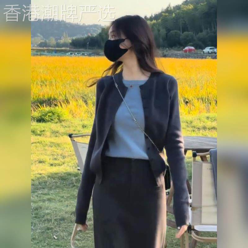 2025年新款女装春秋季穿搭一整套高级感小香风灰色连衣裙两件套装
