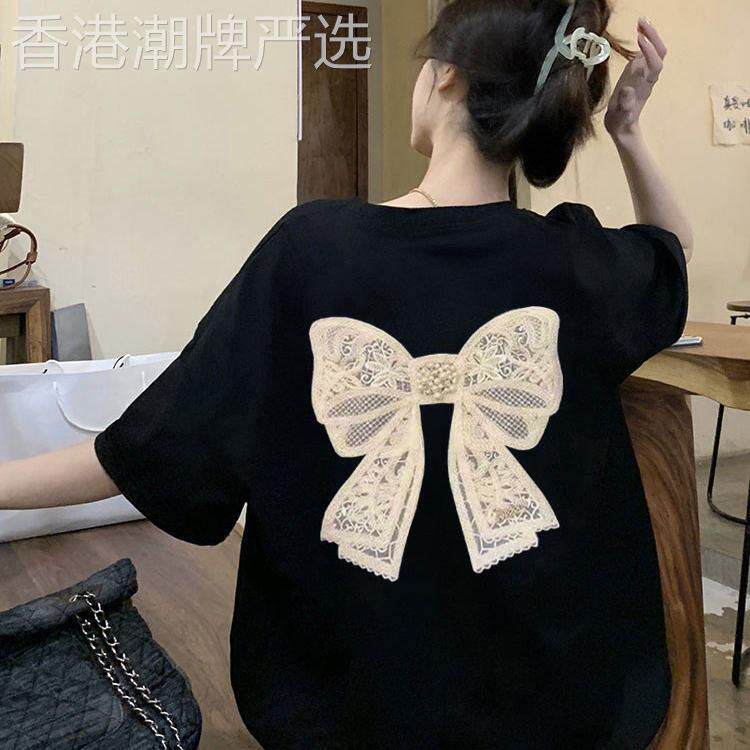 蝴蝶结黑色t恤女纯棉短袖2026新款夏季时尚减龄上衣圆领半袖体恤