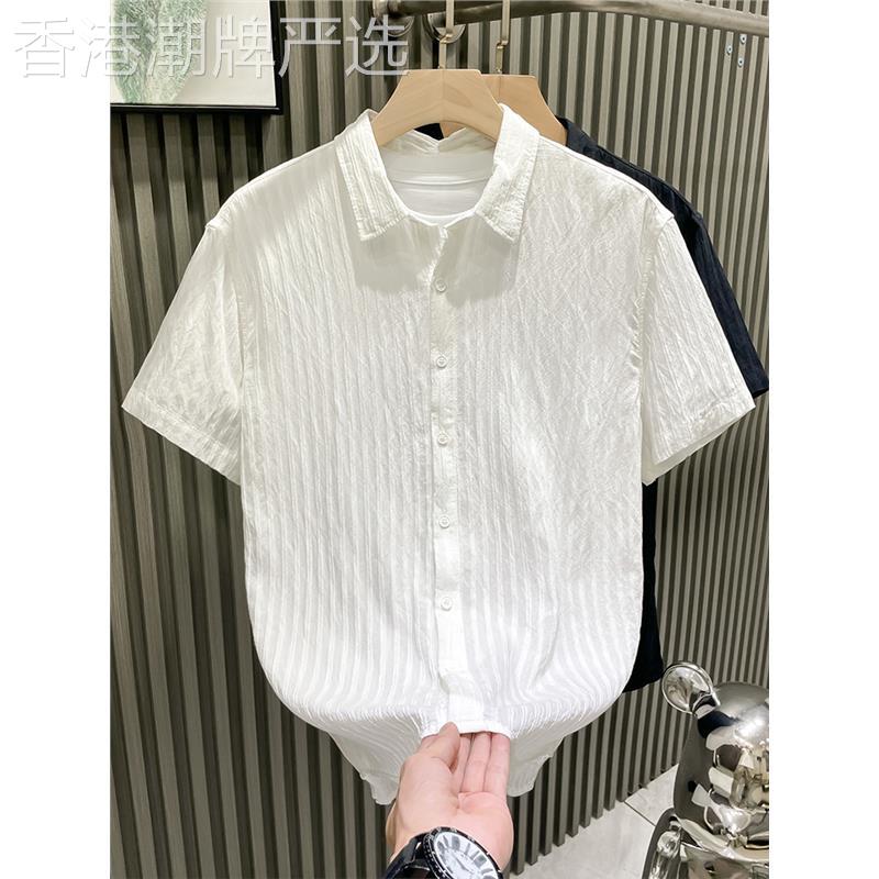 潮牌夏季新款小众设计感休闲短袖衬衫男韩版青年痞帅修身半袖衬衣