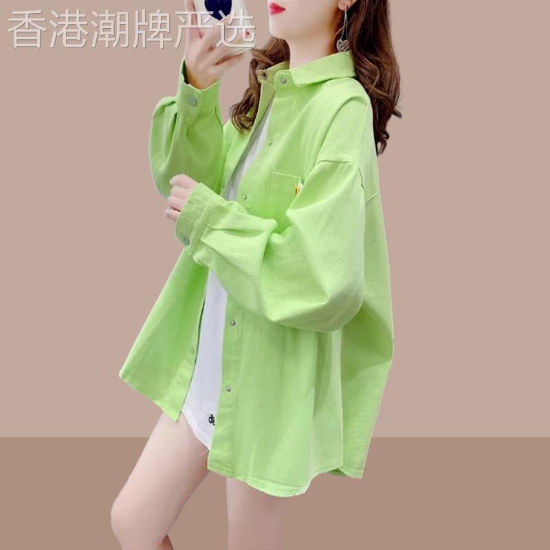 潮牌1212糖果色复古牛仔衬衫女秋季宽松慵懒风网红长袖外套上衣服