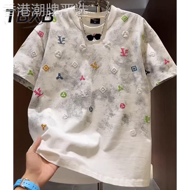 欧货短袖男款2026新款春夏季宽松扎染发泡印花半袖男士短袖T恤潮