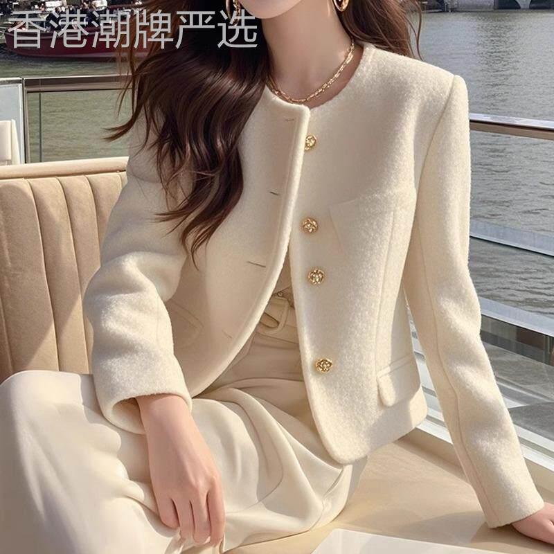 外套女春秋季2025年新款气质小香风白色圆领长袖仿羊羔毛短款上衣