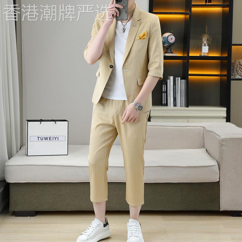 夏季高级感七分袖西服套装男潮流修身系绳条纹中袖西装休闲两件套