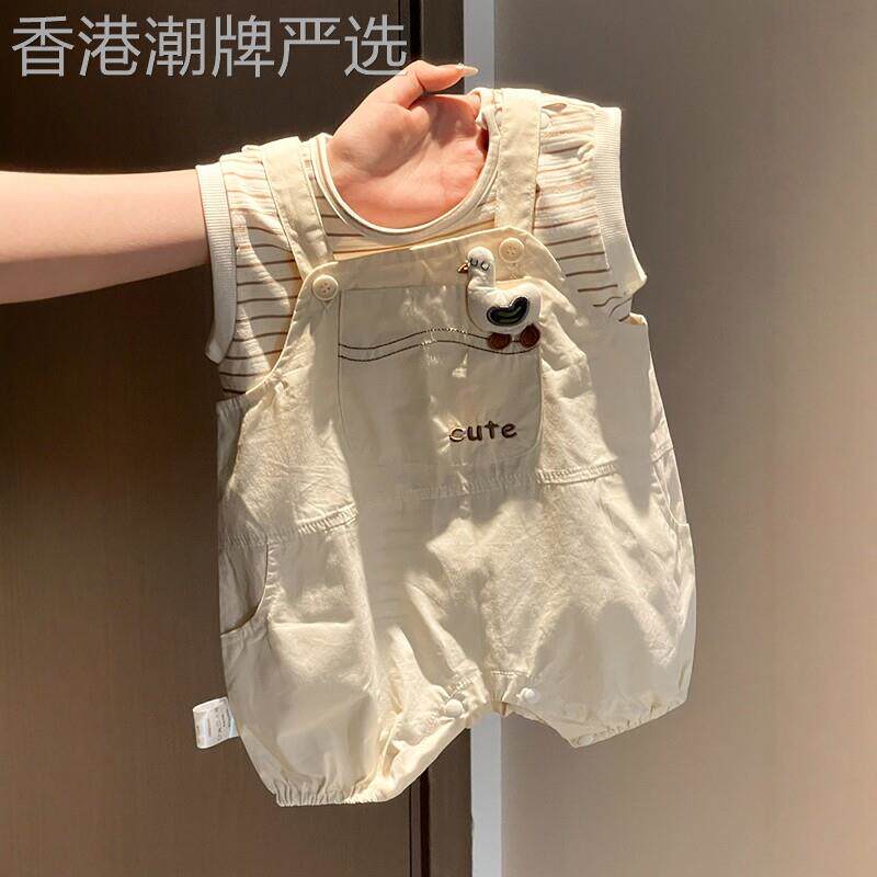 法国BADNUT婴幼儿夏季衣服2026新款宝宝套装条纹短袖背带裤两件套