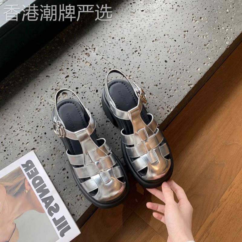 香港高端轻奢时髦粗跟编织罗马凉鞋女夏季新款厚底增高休闲包头鞋